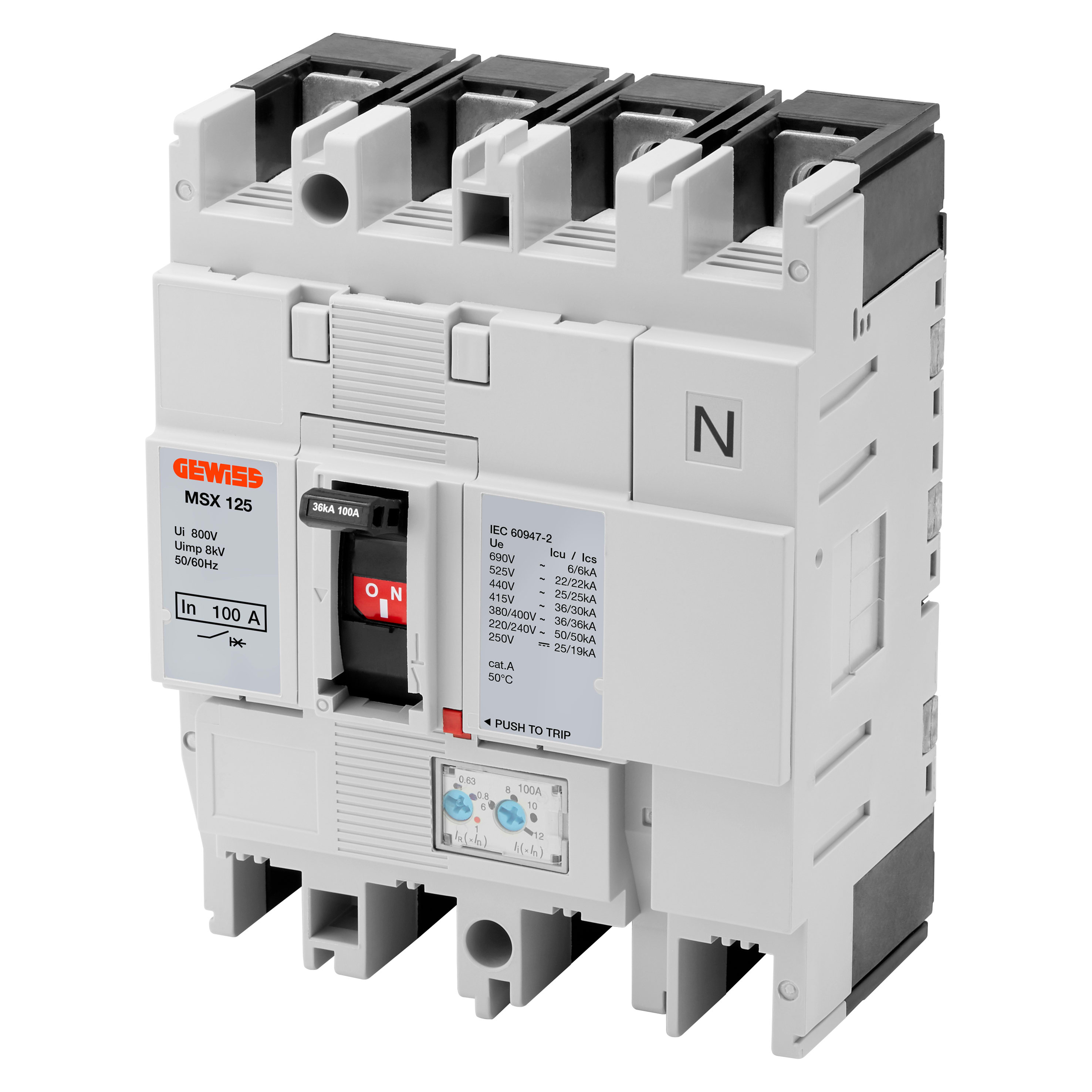 GEWISS - GEWGWD9133 MSX 125 - INTERRUTTORE MAGNETOTERMICO SCATOLATO - TERMICA REGOLABILE - MAGNETICA REGOLABILE - 36KA 3P+N 50A 690V