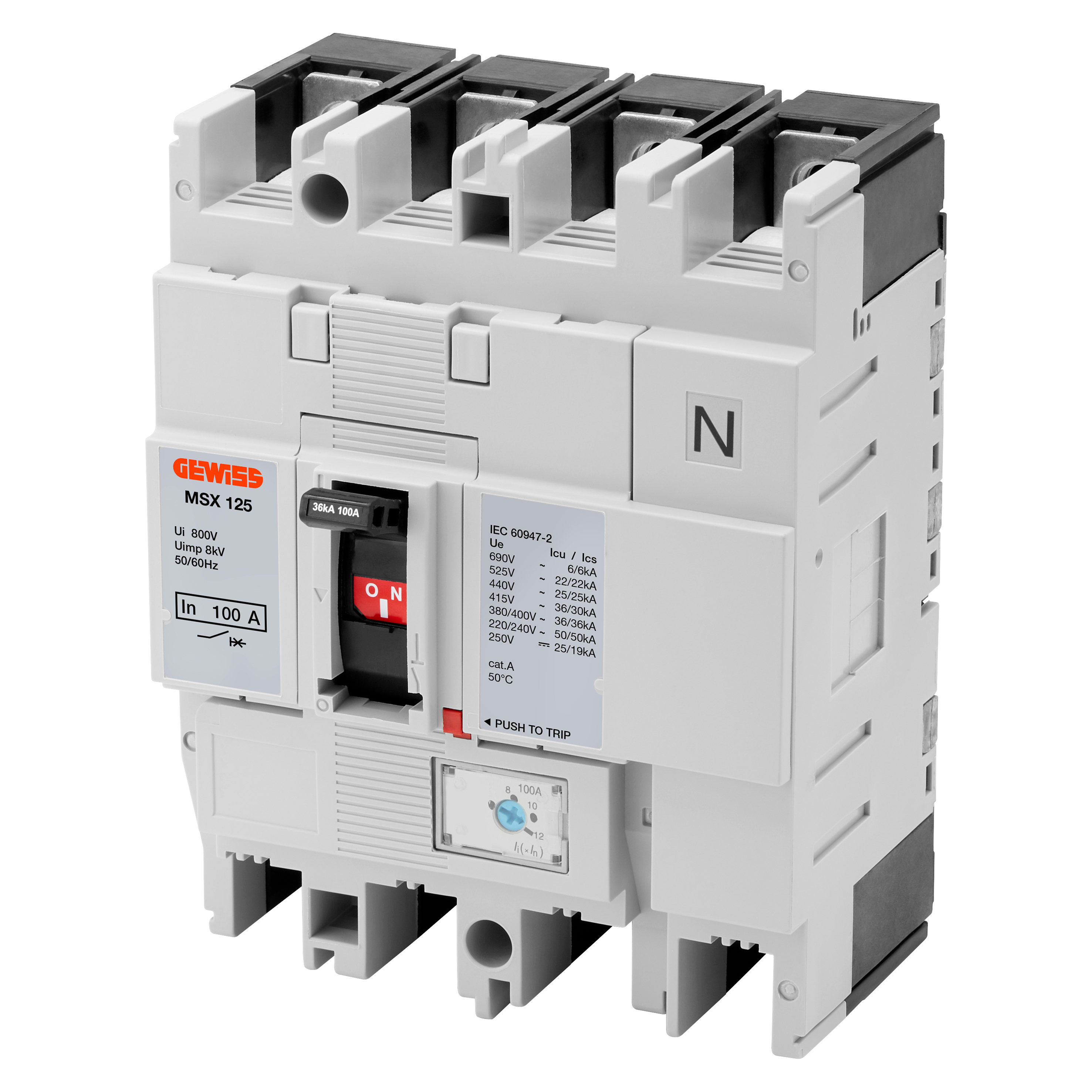 GEWISS - GEWGWD9196 MSX 125 - INTERRUTTORE MAGNETOTERMICO SCATOLATO - TERMICA REGOLABILE - MAGNETICA FISSA PER PROTEZIONE GENERATORI - TMG - 36KA 4P 125A 690V