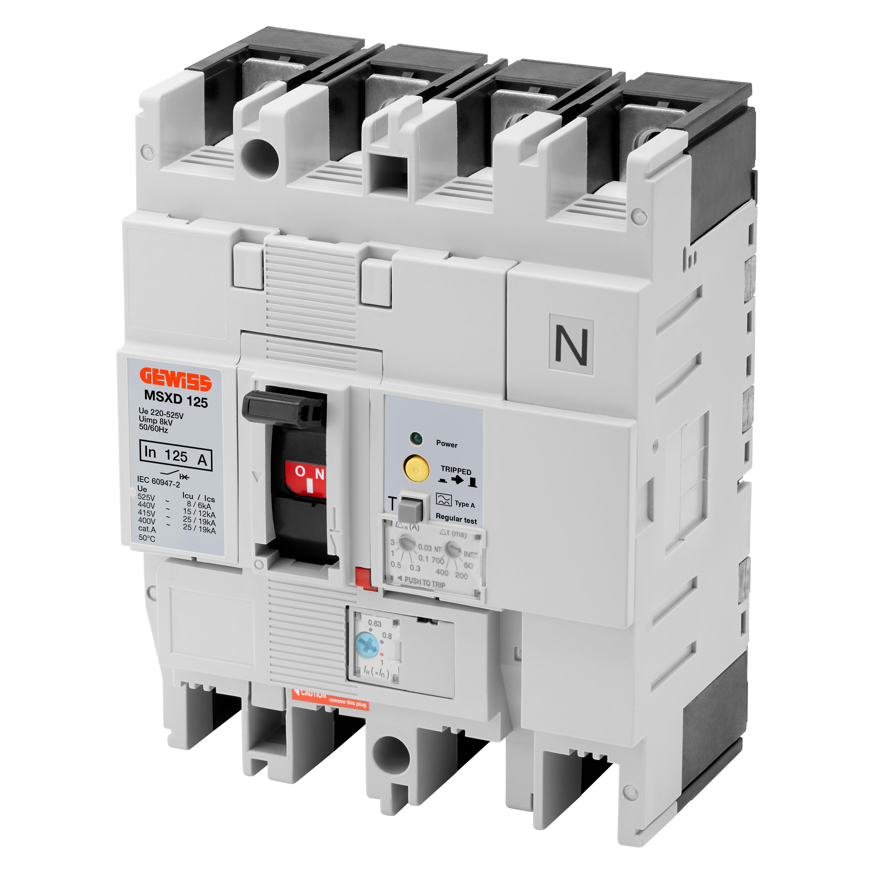 GEWISS - GEWGWD9571 MSXD 125 - INTERRUTTORE MAGNETOTERMICO DIFFERENZIALE SCATOLATO - TERMICA REGOLABILE - MAGNETICA FISSA - DIFFERENZIALE REGOLABILE - 36KA 3P+N 20A 525V