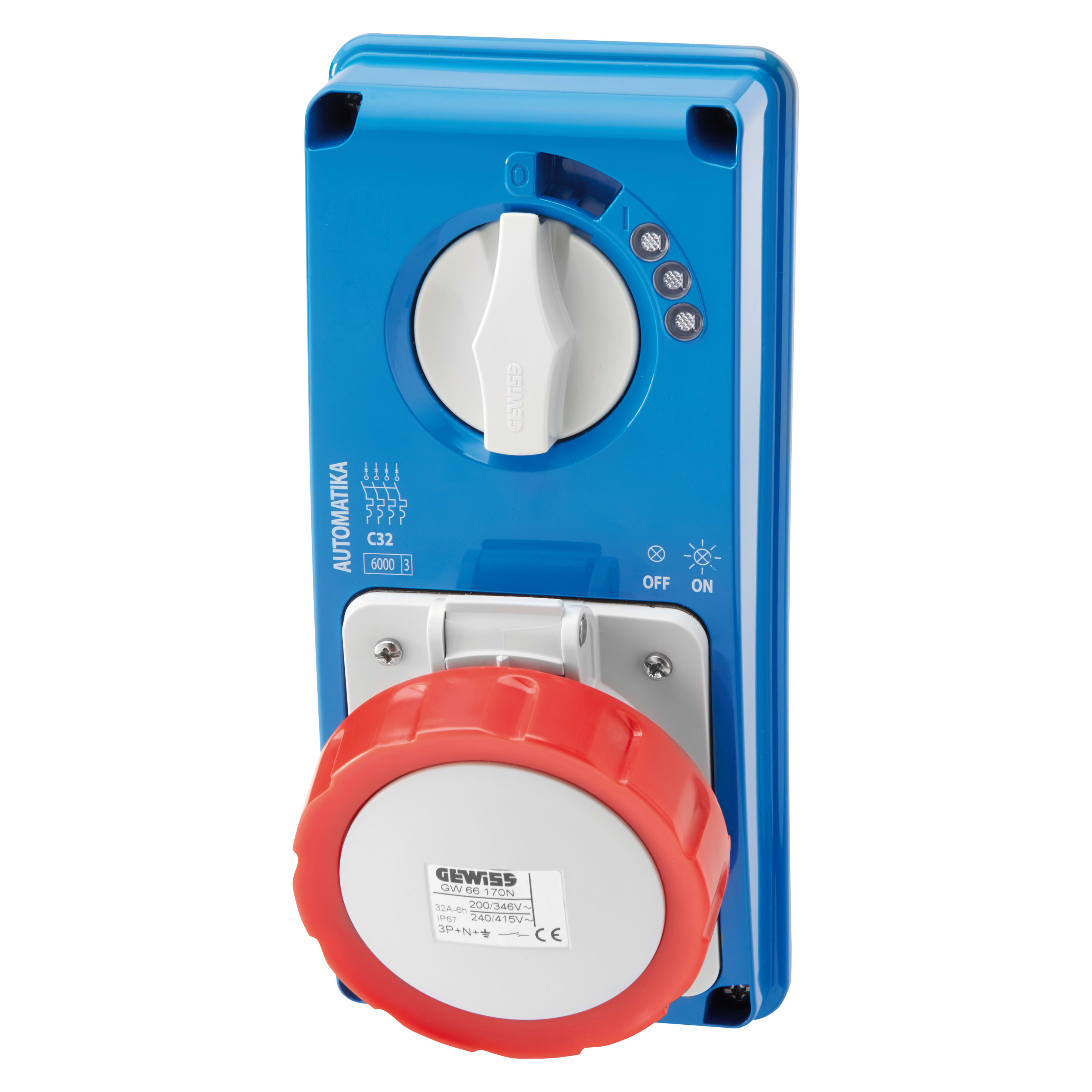 GEWISS - GEWGW66168N PRESA FISSA INTERBLOCCATA VERTICALE - AUTOMATIKA - MT 6KA CURVA C - SENZA FONDO - 2P+T 32A 380-415V - 50/60HZ 9H - IP67
