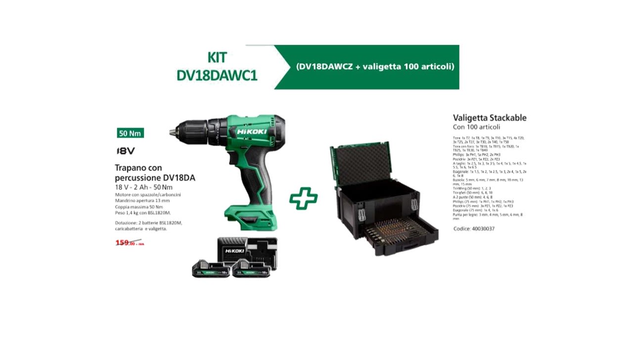 HIKOKI POWER TOOLS - HIADV18DAWC1 KIT TRAPANO DV18DA PIU VALIGETTA 100 INS