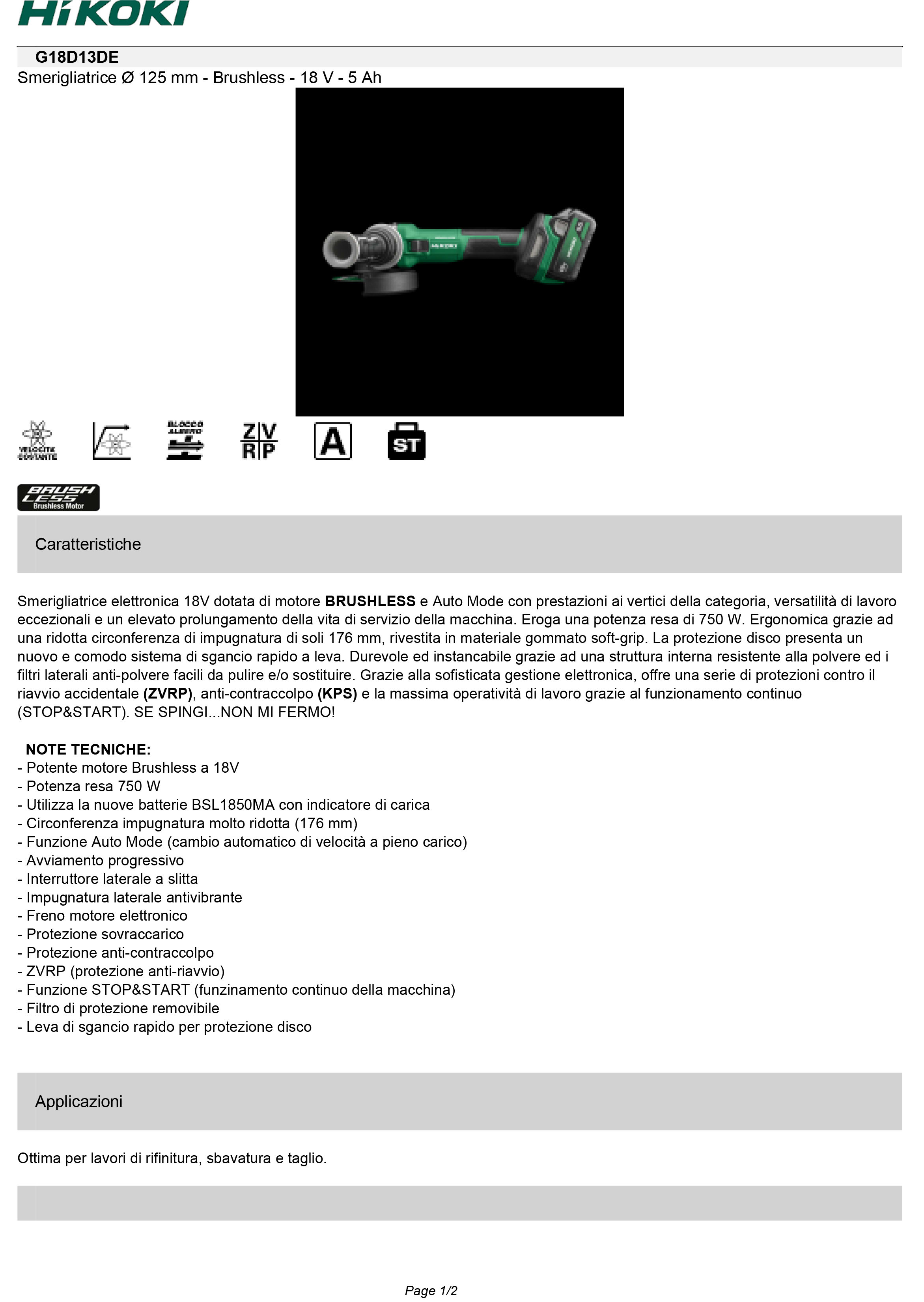 HIKOKI POWER TOOLS - HIAG1813DEW2Z SMER. ANGOLARE 18V, 125MM, CORPO