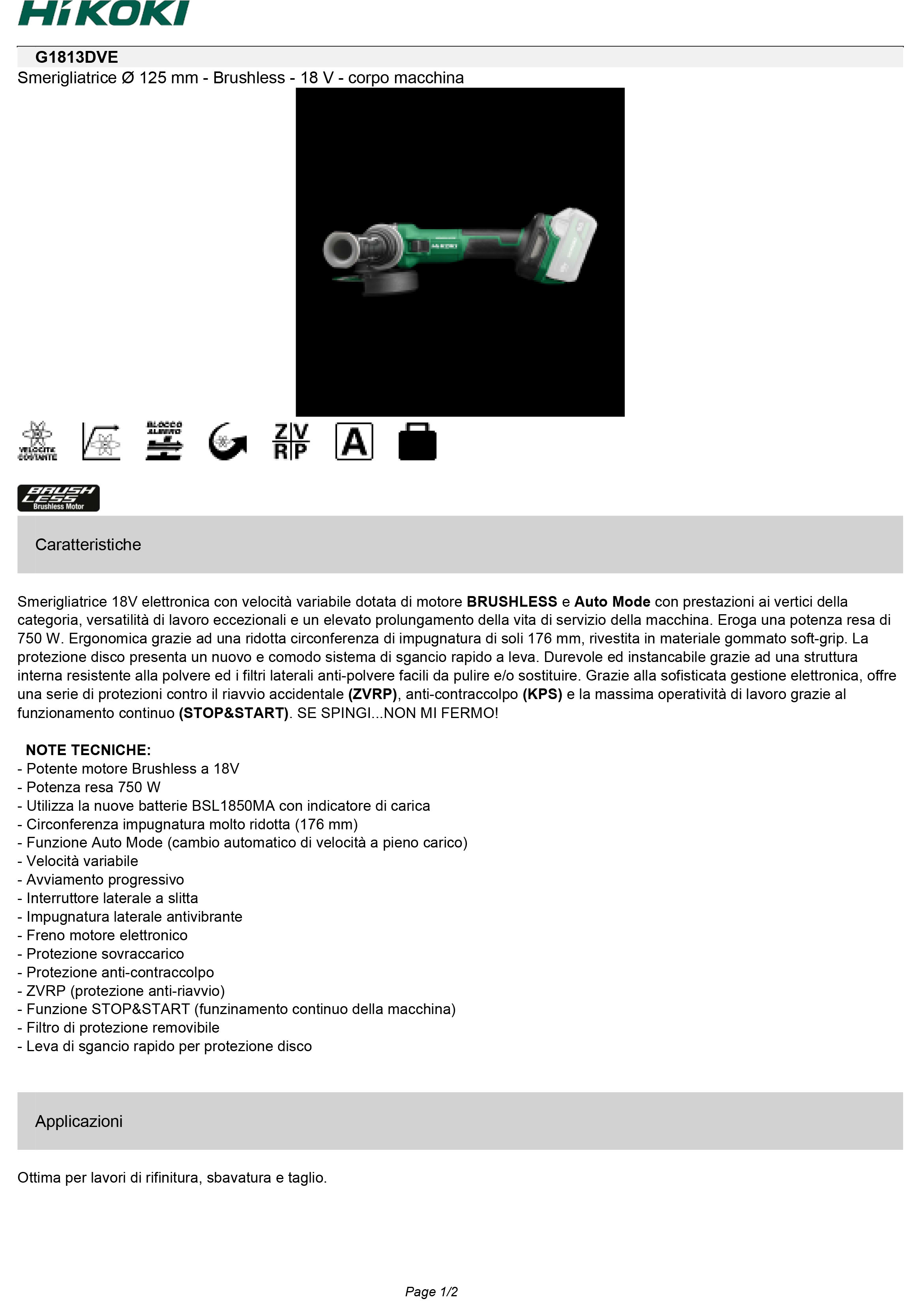 HIKOKI POWER TOOLS - HIAG1813DVEW2Z SMER. ANGOLARE 18V, 125MM, CORPO