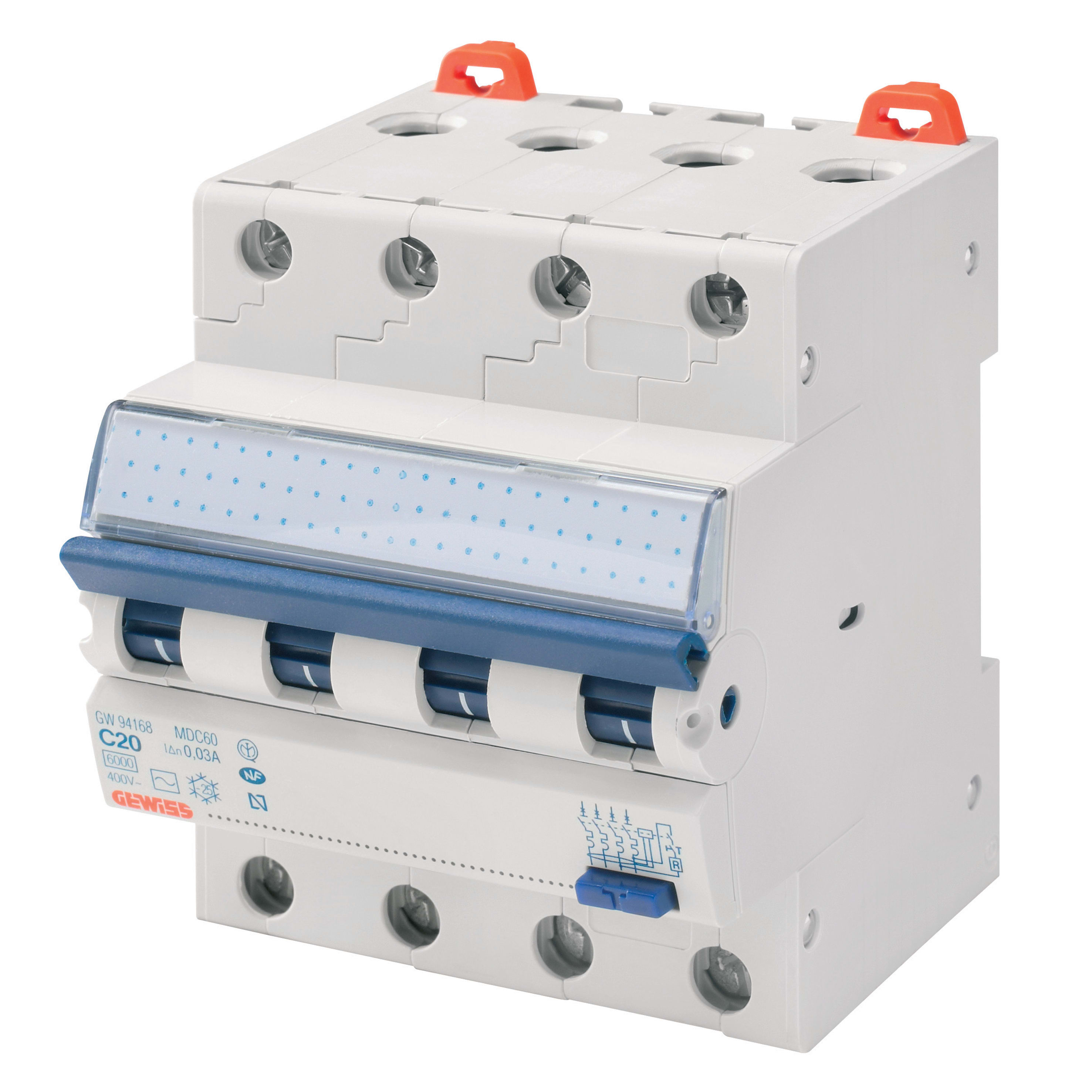 GEWISS - GEWGW94376 INTERRUTTORE MAGNETOTERMICO DIFFERENZIALE COMPATTO - MDC 60 - 4P CURVA C 10A TIPO A Idn=0,3A - 4 MODULI