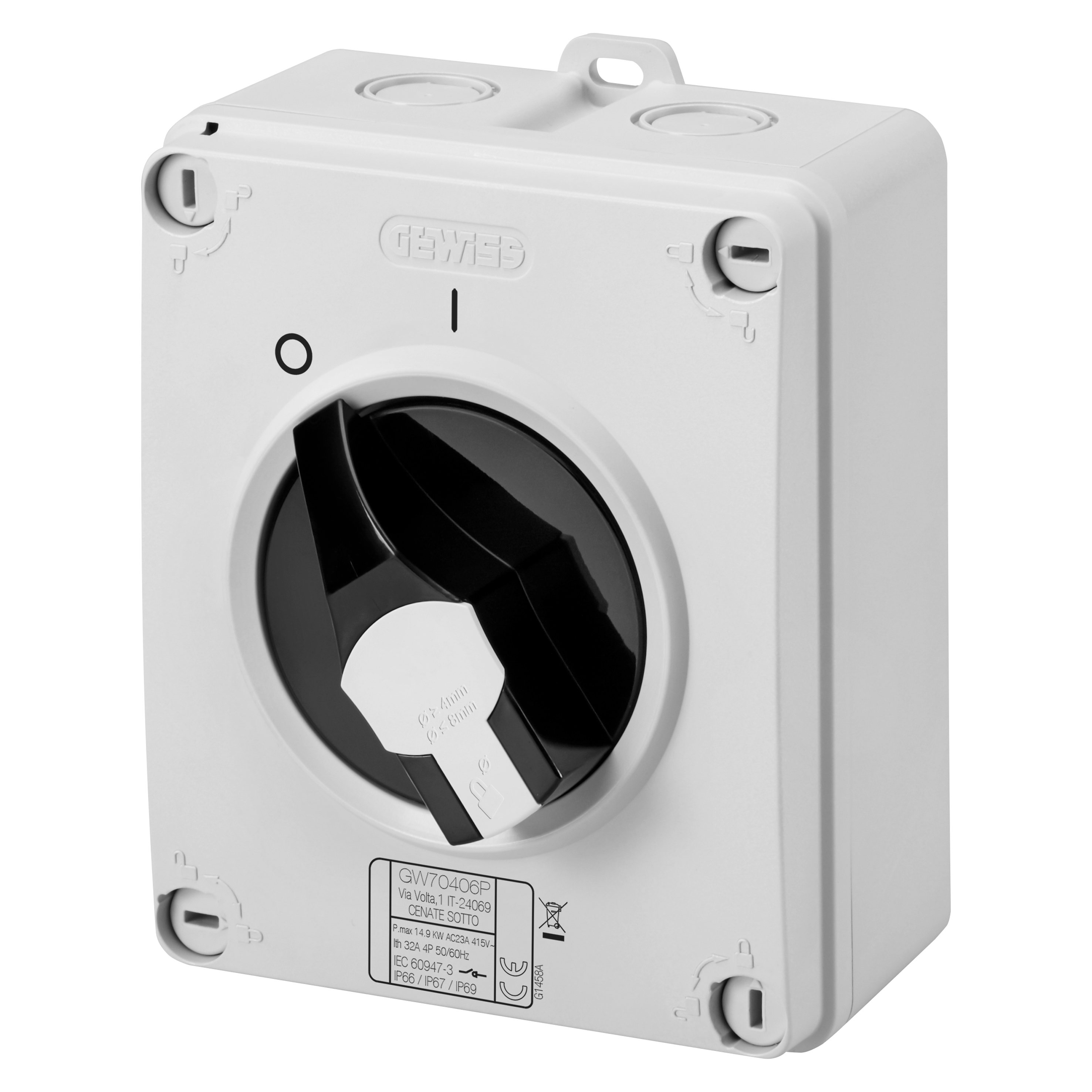 GEWISS - GEWGW70414P INTERRUTTORE SEZIONATORE ROTATIVO - HP - COMANDO - CASSETTA IN MATERIALE ISOLANTE - 40A 3P - MANOPOLA NERA LUCCHETTABILE - IP66/67/69
