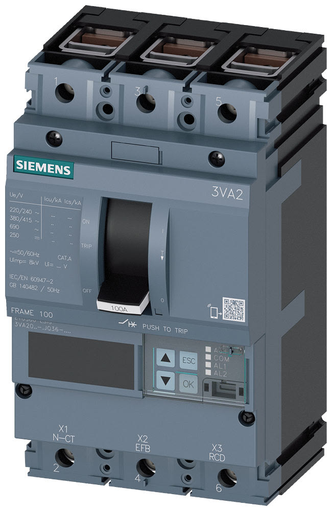 SIEMENS - SIE3VA20255JQ360AA0 interruttore automatico 3VA2 IEC frame 100 classe del potere di interruzione M Icu=55kA con 415V a 3 poli, protezione impianto ETU560, LSIG, In=25A...