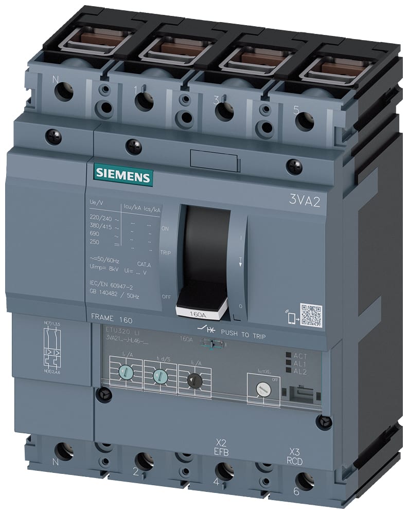 SIEMENS - SIE3VA21166HL460AA0 interruttore automatico 3VA2 IEC frame 160 classe del potere di interruzione H Icu=85kA con 415V a 4 poli, protezione impianto ETU320, LI, In=160A ...
