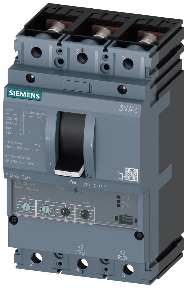 SIEMENS - SIE3VA22255HM320AA0 INT.AUT.3VA 250A 3P 55KA ETU3 LIG L/T