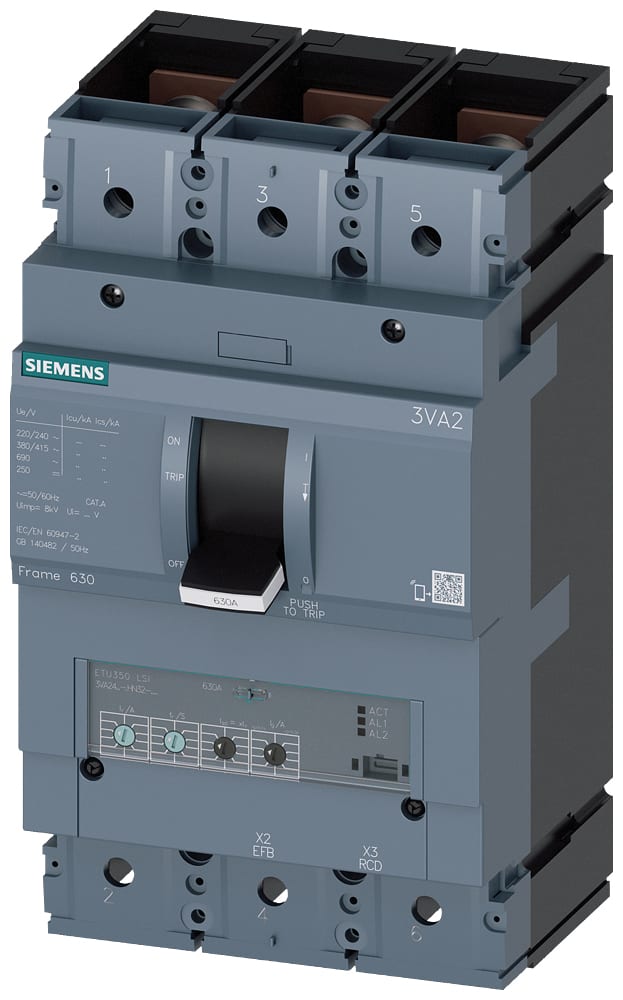 SIEMENS - SIE3VA24635HN320AA0 INT.AUT.3VA 630A 3P 55KA ETU3 LSI L/T