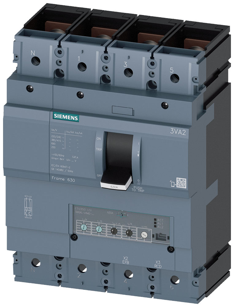 SIEMENS - SIE3VA24635HN420AA0 INT.AUT.3VA 630A 4P 55KA ETU3 LSI L/T