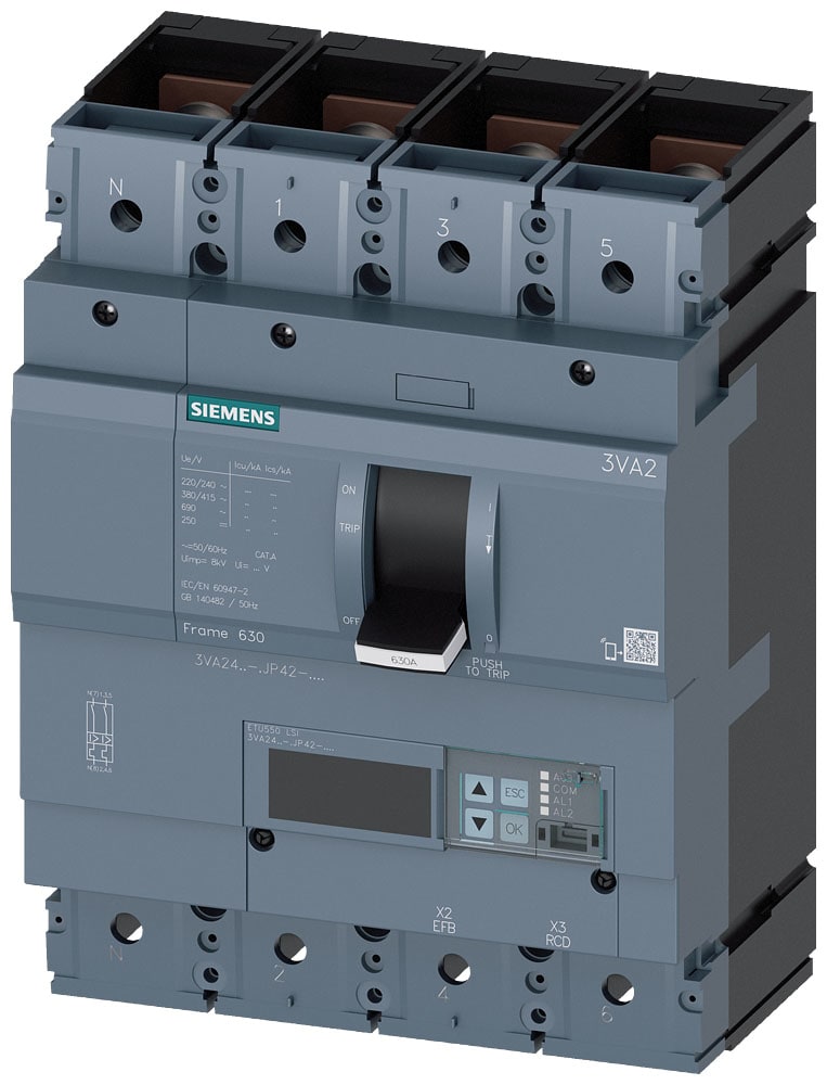 SIEMENS - SIE3VA24505JP420AA0 interruttore automatico 3VA2 IEC frame 630 classe del potere di interruzione M Icu=55kA con 415V a 4 poli, protezione impianto ETU550, LSI, In=500A...