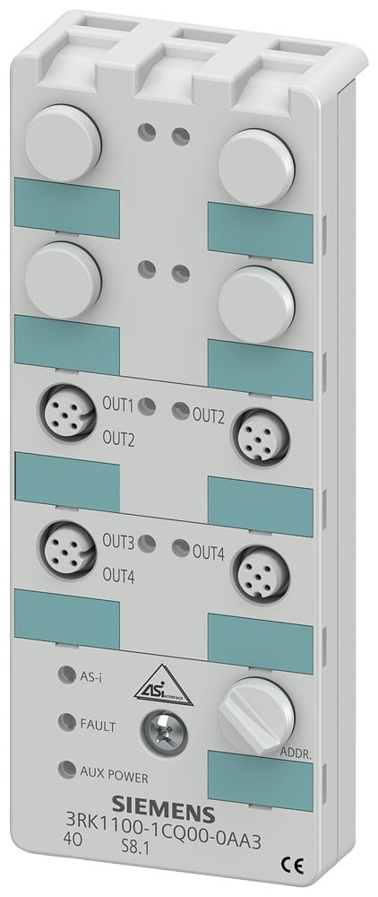 SIEMENS - SIE3RK11001CQ000AA3 Modulo compatto AS-i IP67, digitale, 4 uscite, 4 x 1 uscite, statiche, DC 24 V,4 x prese M12 standard