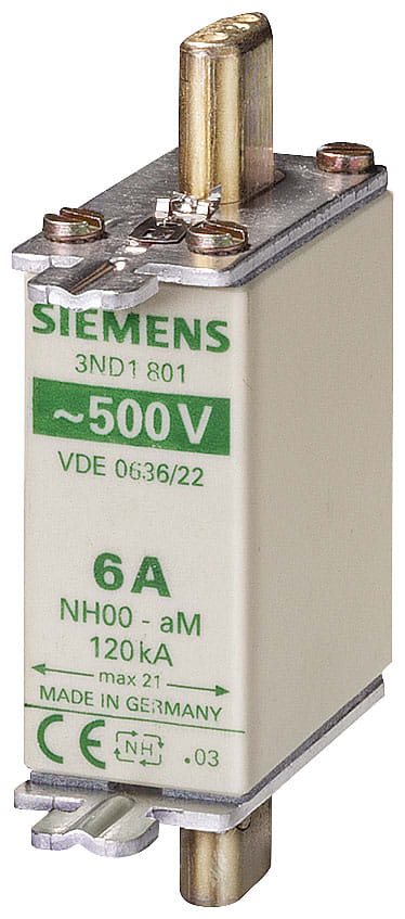 SIEMENS - SIE3ND1801 Cartuccia fusibile NH, NH000, In: 6 A, aM, Un AC: 500 V, segnalazione frontale