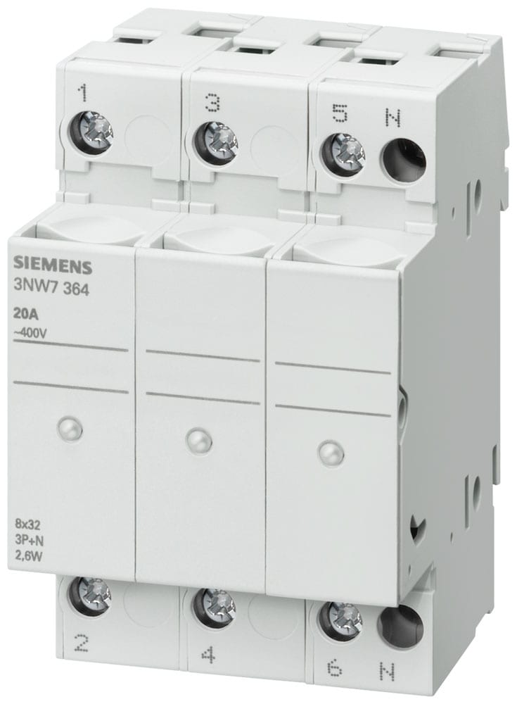 SIEMENS - SIE3NW7334 SENTRON, portafusibili per cartucce cilindriche, 8 x 32 mm, a 3 poli, In: 20 A, Un AC: 400 V, LED