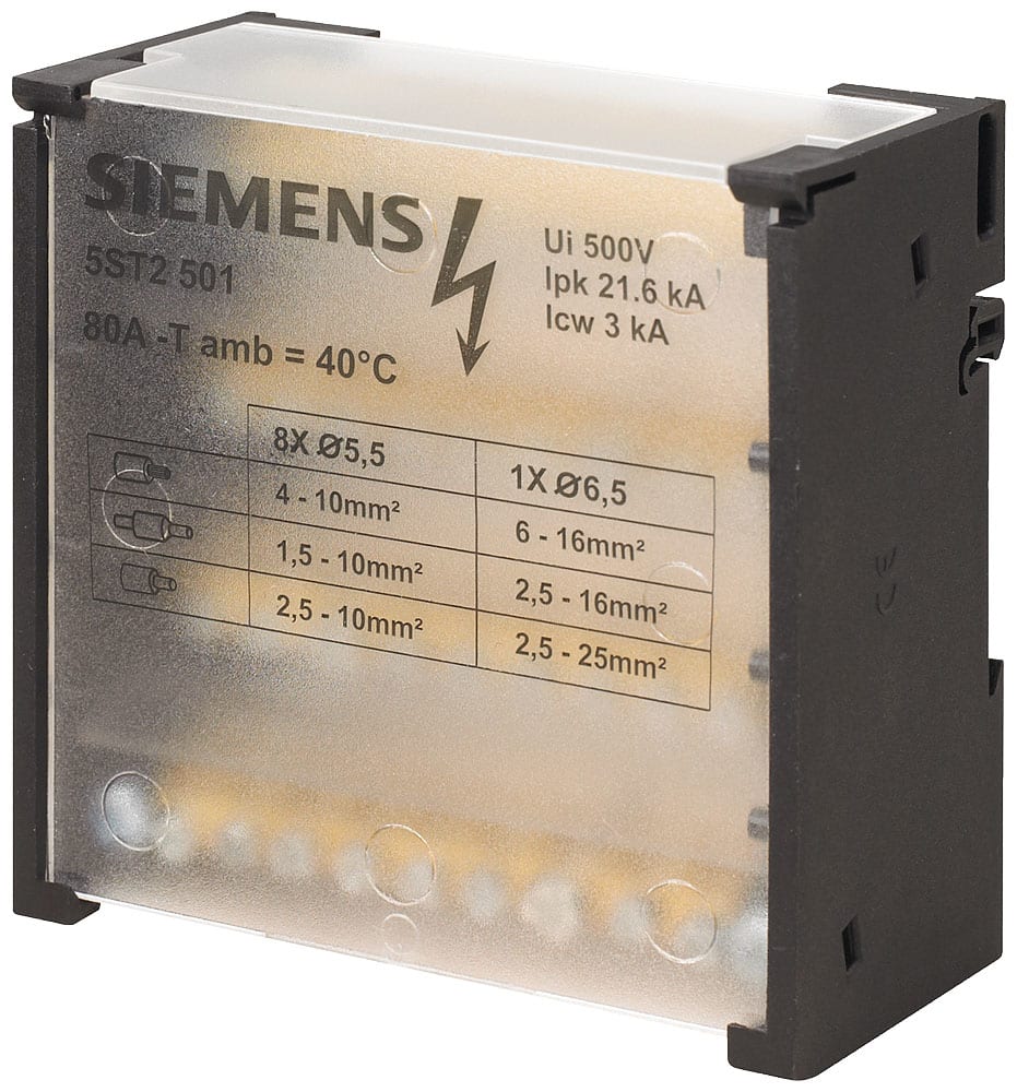 SIEMENS - SIE5ST2501 Blocco distributore a 4 poli, 80A, 500V ingresso 1x 6-16mm² uscita: 8x 4-10mm²