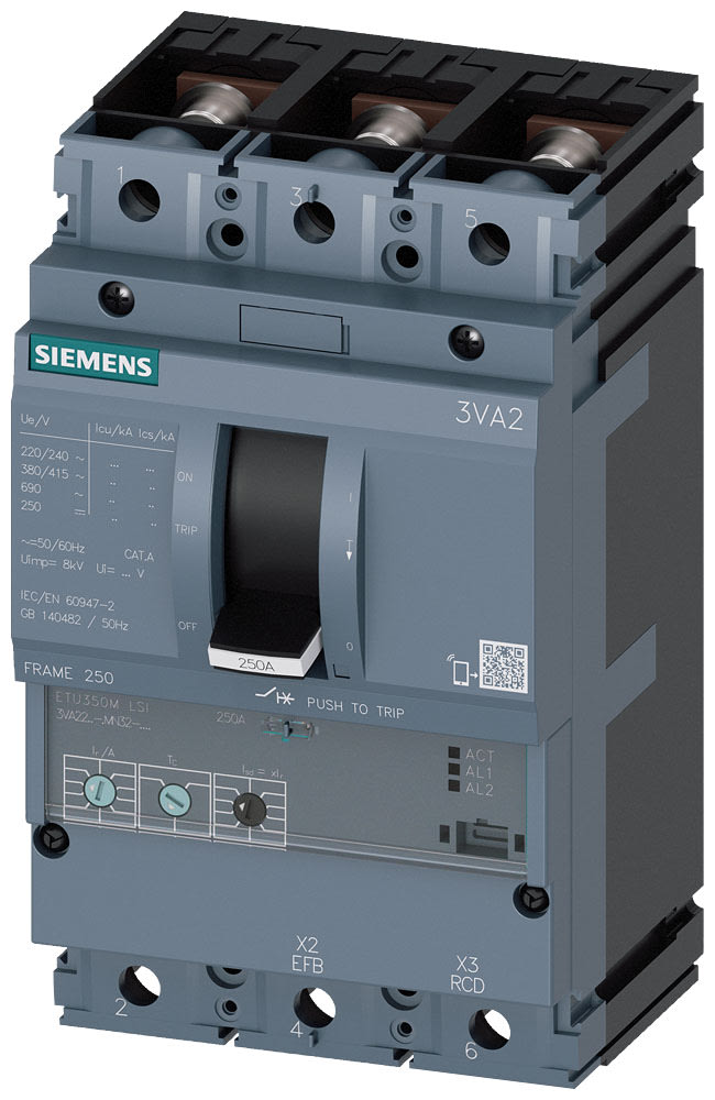 SIEMENS - SIE3VA22205MN320AA0 INT.AUT.3VA 200A 3P 55KA ETU3 LSI L/T