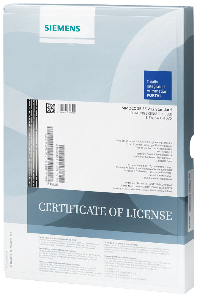 SIEMENS - SIE3ZS13165CC100YA5 SIRIUS, Safety ES V1.0 Standard, Floating License per 1 utente, 1x DVD + 1x USB