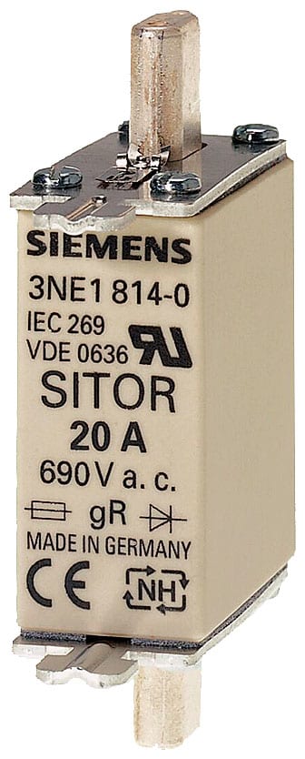 SIEMENS - SIE3NE18130 Cartuccia fusibile SITOR, con contatti a coltello, NH000, In: 16 A, gS, Un AC: 690 V